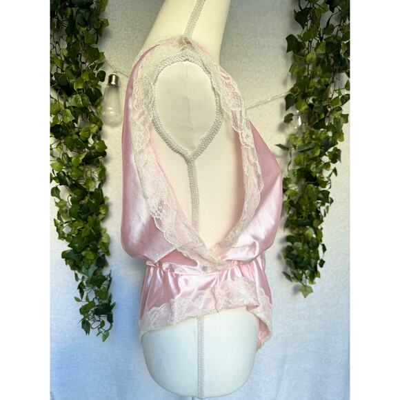 Vintage Satin Pink Cream Lace Bodysuit Snap Closure Teddy Lingerie - Picture 5 of 10